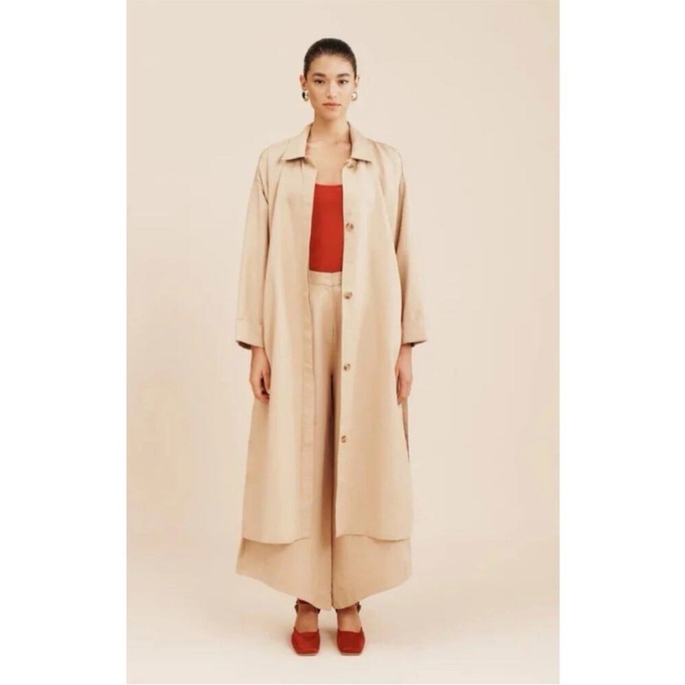 POSSE Ruth Long Trench Coat Linen Cotton Latte Tan Size M - Picture 3 of 9